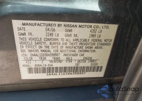 2006 Nissan Altima 2.5 S z USA, uszkodzony, nr VIN 1N4AL11D36N398907